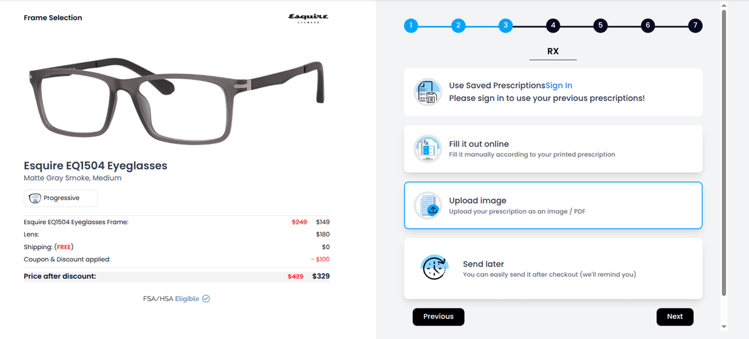 Prescription input form for entering or uploading prescription details