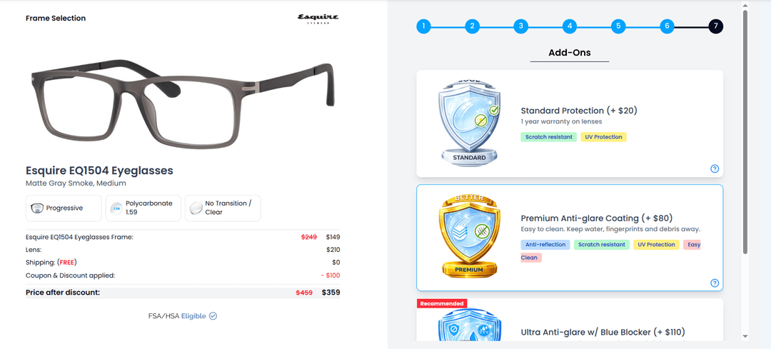 Lens add-ons selection including coatings and blue light filters