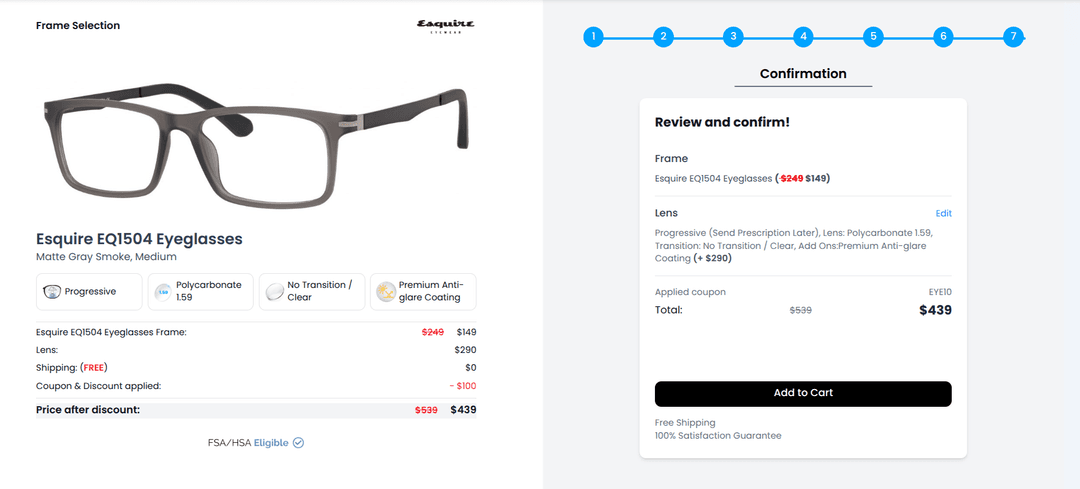 Order confirmation screen summarizing selected lens options