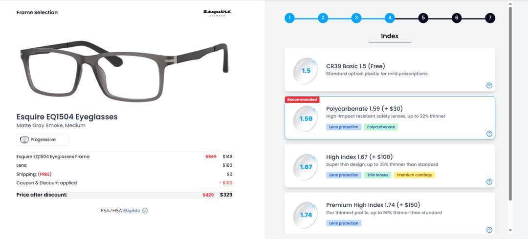 Lens index selection showing different thickness options