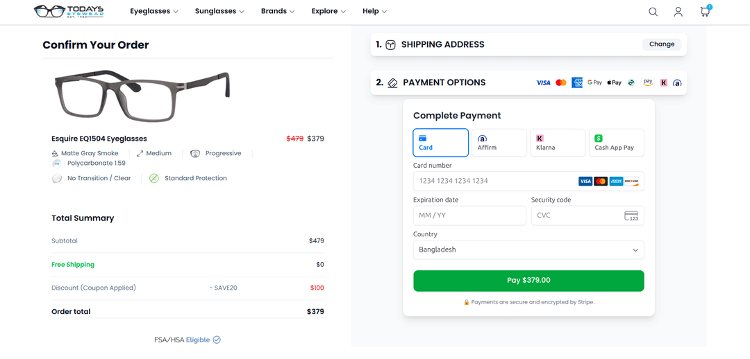 Payment options selection and payment details form