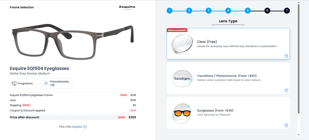 Transitions and photochromic lens options selection screen