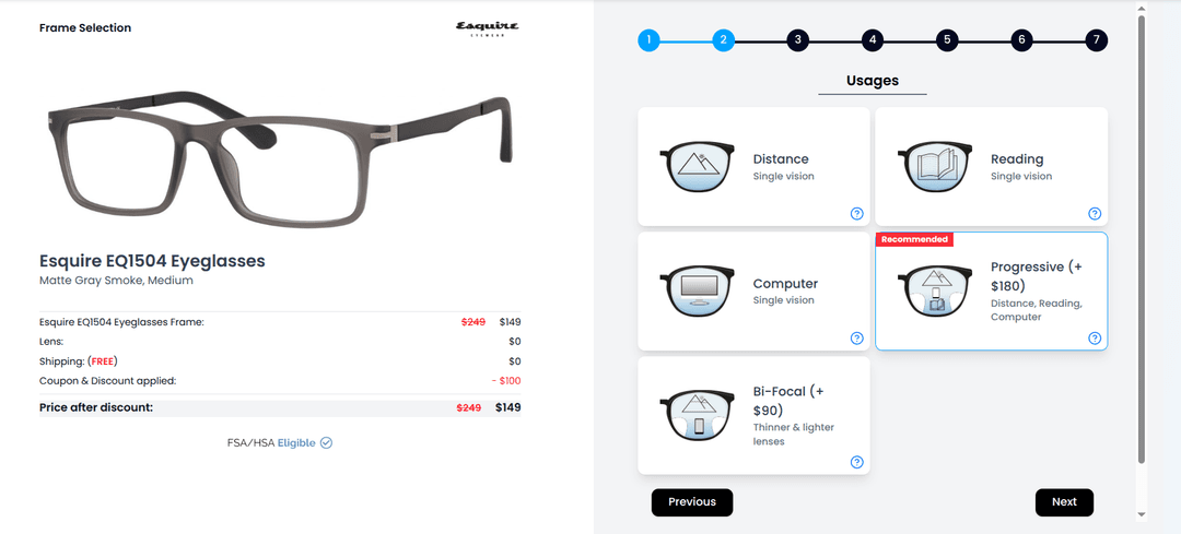 Lens usage selection options including daily, computer, and driving use